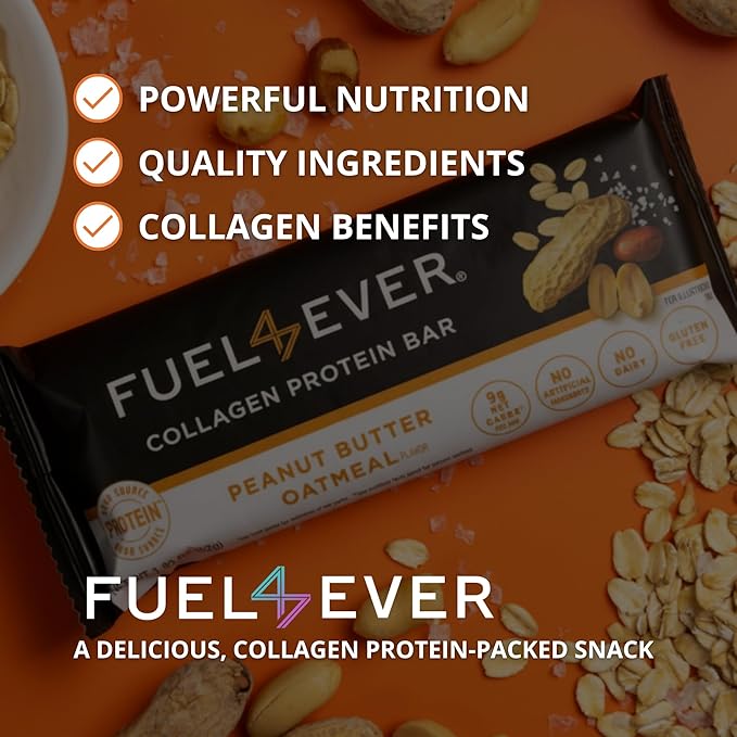 Fuel 4 Ever Peanut Butter Oatmeal Collagen Protein Bars, 14g Protein, MCT Oil, No Artificial Ingredients, Low Carb, High Fiber Snack Bar