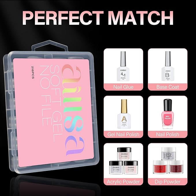 AILLSA Long Almond Nail Tips Full Cover Clear Gelly Nails Tips Half Matte Acrylic Tips Pre-Filed Fake Press on Nail Tips for Extension Home DIY Salon Manicure 216PCS 12 Sizes