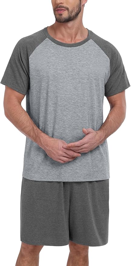Mens Pajama Set Summer Pjs Sleepwear Lightweight Short Sleeve Pjs Soft Comfy Sleep Set With Pocket