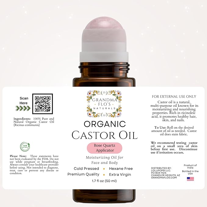 Grandma Flo's Naturals Organic Castor Oil Roll On with Rose Quartz Roller - For Face Hair Body | Glass Bottle, Cold Pressed, Hexane Free, Unrefined | Stimulate Hair Growth, Moisturize Skin (50ml)