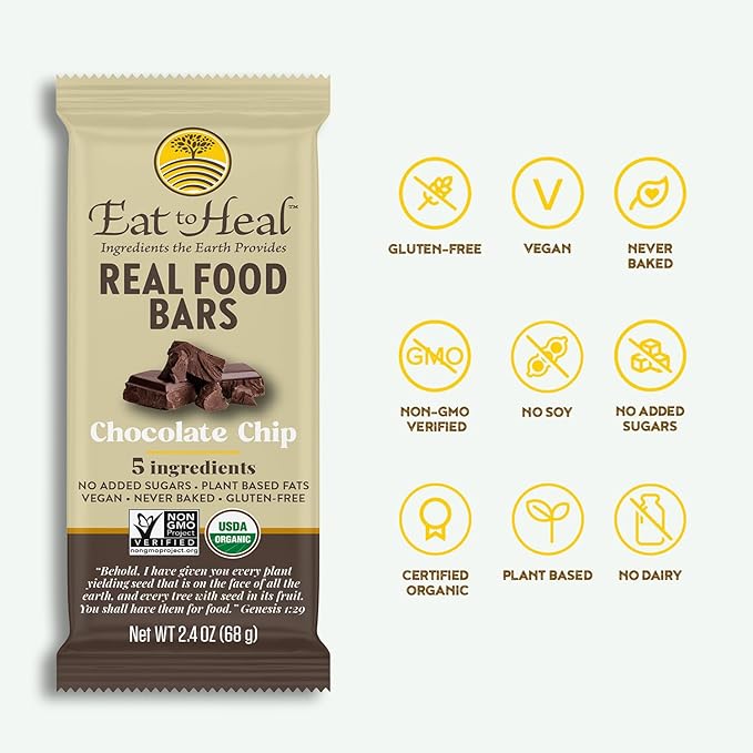 EatToHeal Chocolate Chip Real Food Bar - Organic Vegan Healthy Gluten Free Protein Bars - Low Sugar Meal Replacement Bar, Non GMO, Never Baked, Plant Based - Crafted to Enjoy, Not Sit on Shelves