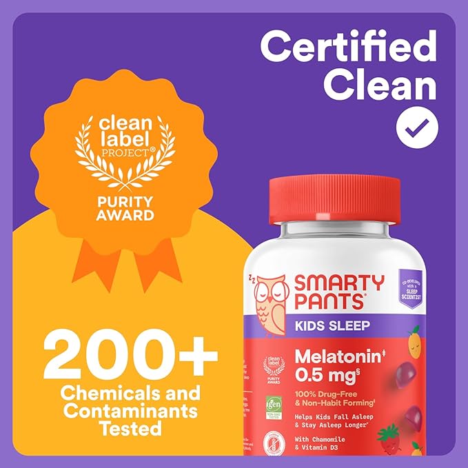 SmartyPants Kids Sleep Gummies Supplement with Melatonin 0.5mg: Chamomile & Vitamin D3, Sleep Aid, Strawberry Mango Flavor, 60 Count