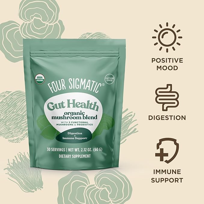 Four Sigmatic Gut Health Mushroom Blend | Organic Mushroom Powder Complex with Turkey Tail, Lion’s Mane, Cordyceps, Chaga, Probiotics and More | Natural Immune Support Supplement | 30 Servings
