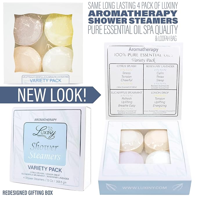 Shower Bombs Aromatherapy in Your Shower, American Made by Luxiny, Shower Steamer Tablets Melt to Release a Fragrant Vapor for Natural Stress Relief – Pack of 4 XL Steamers (Variety Pack)