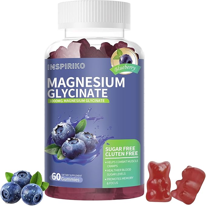 Magnesium Glycinate Gummies 1000mg - Sugar-Free Magnesium Potassium Supplement with Vitamin D, B6, CoQ10 for Adults & Kids,High Absorption for Calm Mood & Sleep Support - 60 Blueberry Gummies