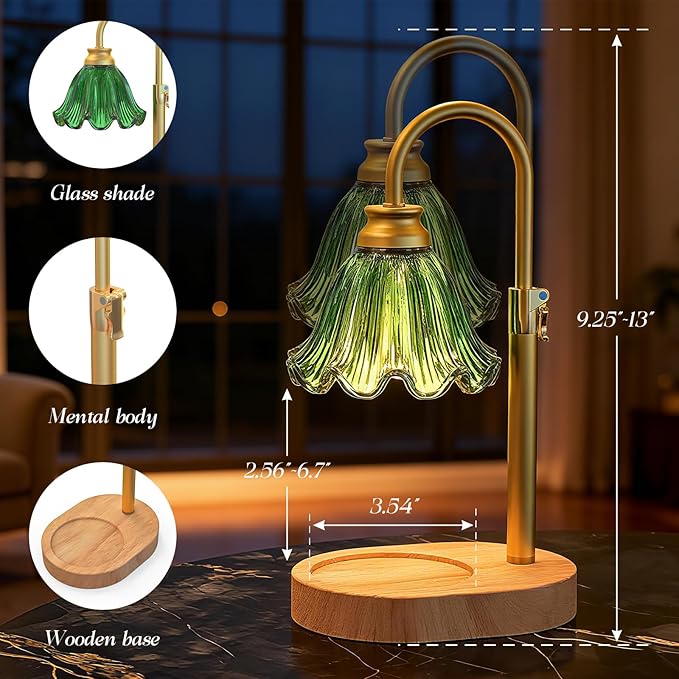 Candle Warmer Lamp with Adjustable Height - Flameless 4-Level Dimmable Wax Warmer with Colorful Glass Shade & Wooden Base, Timer Function & Stylish Design in Multiple Colors (Green)