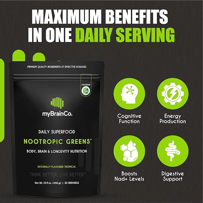 myBrainCo. Nootropic Greens - Premium All-in-One Body, Brain & Longevity Optimization Nutrition. Organic Greens & Superfoods, Alpha-GPC, L-Theanine, Lionβs Mane, TMG, NR, NAC & More. (7.94 oz)