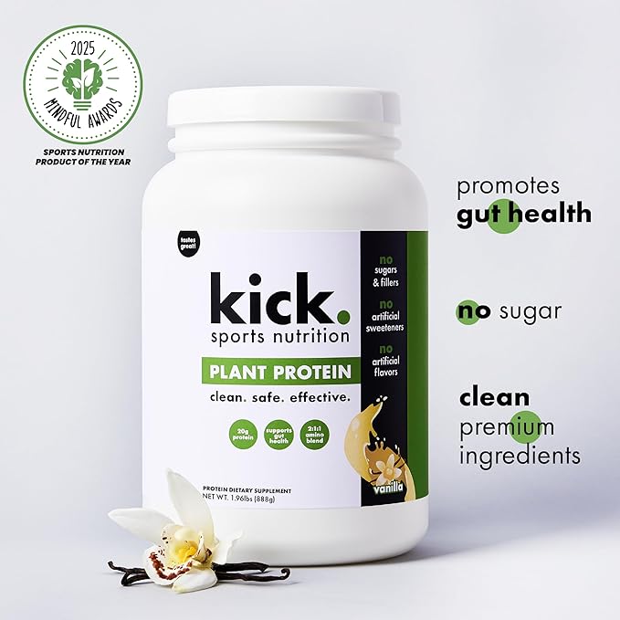 Kick Plant Protein Powder, Vanilla Flavor, 20 G Protein, Gluten Free Workout Supplement with Aminos Acids to Support Fitness Goals & Gut Health, No Sugar, No Artificial Flavors, 28 Servings