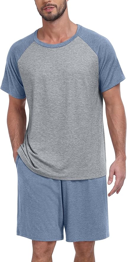 Mens Pajama Set Summer Pjs Sleepwear Lightweight Short Sleeve Pjs Soft Comfy Sleep Set With Pocket
