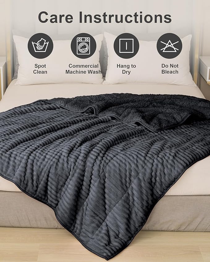 Sherpa Fleece Adult Weighted Blanket with Ribbed Stripes, 15 Pounds Dual Sided Soft Plush Blanket for Couch Bed Sofa, Heavy Thick Blankets with Ceramic Beads Great for Sleep, Dark Grey, 48" x 72"