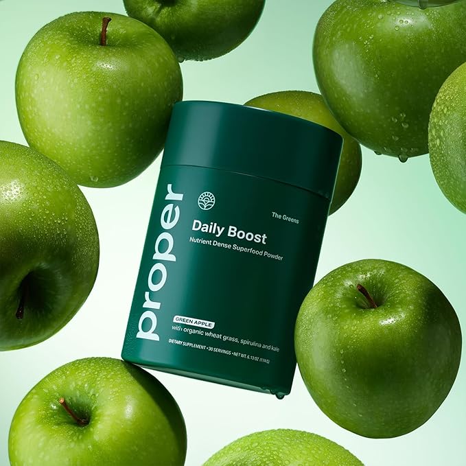 Proper, The Greens Daily Boost Organic Greens Powder. Whole Food, Apple Flavour Veggie Powder Superfood with Wheatgrass, Spirulina, Chlorella, Probiotics. Daily Drink Mix for Wellness and Digestion