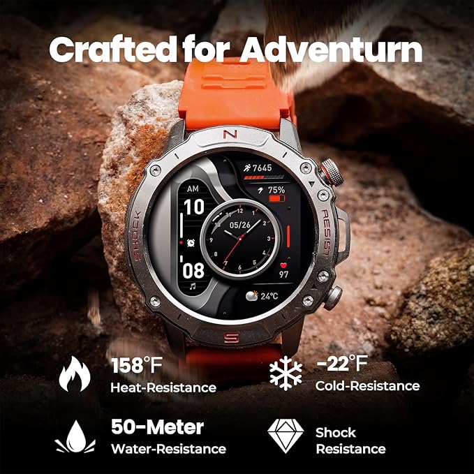 WalkerFit Smart Watch for Men, 1.43" Round AMOLED, 5ATM Waterproof, Heart Rate & Sleep Monitor,Long Battery,Outdoor Activity Tracker,Voice Control&Bluetooth Call,Compatible with iPhone Android, Orange