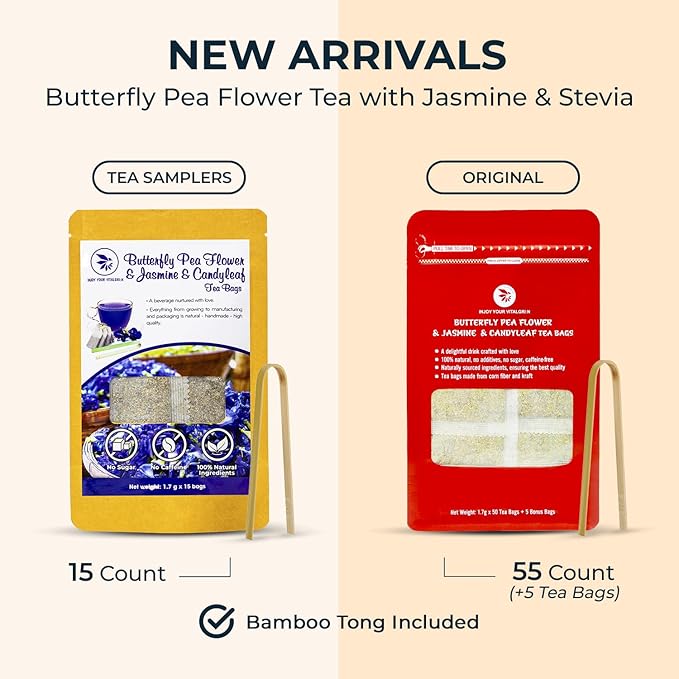 Butterfly Pea Flower Tea Samplers with Jasmine & Stevia - 15 Count, Mini Tea Bags, Bamboo Tong Included, No Sugar Added, Re-Steep Natural Herbal Tea Blend for Skin,Support