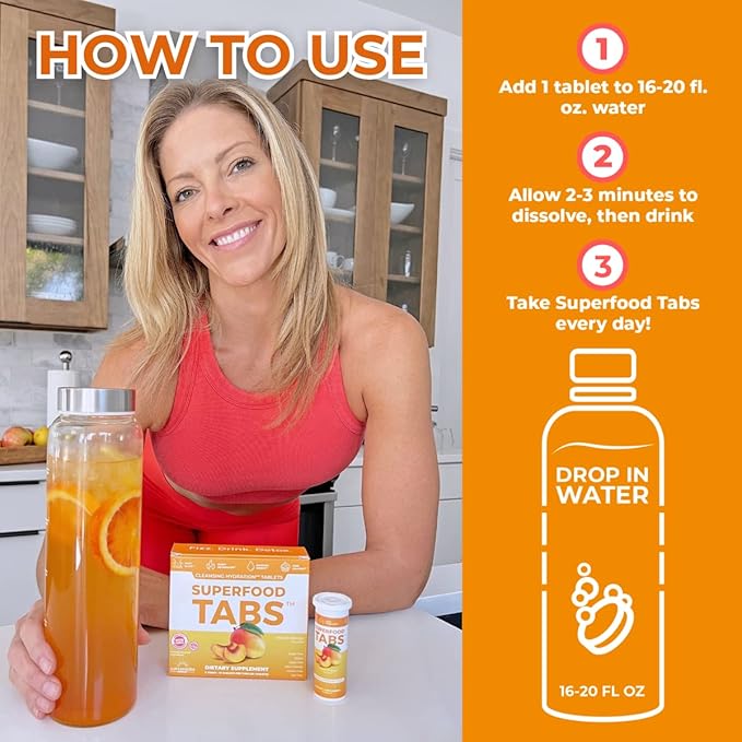 Superfood Tabs skinnytabs Anti-Bloat Cleanse Drink with 15 Superfoods | Supports Digestion, Energy & Cravings | Vegan, Non-GMO | 30 Effervescent Tabs – Peach Mango Flavor