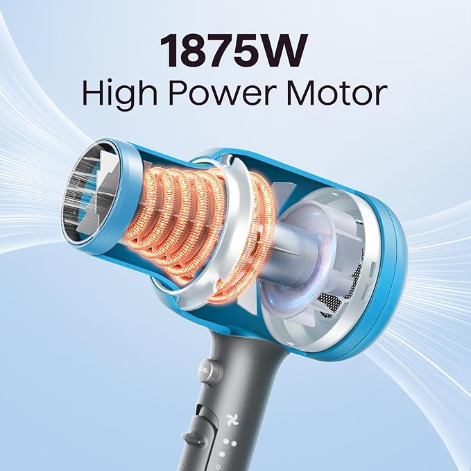 Wavytalk Hair Dryer with Diffuser, Blown Away Ionic Hair Dryer for Curly Hair with Comb, 1875W Fast Drying Blow Dryer with Ceramic Technology, 3 Attachments for All Hair Types, Light and Quiet, Blue