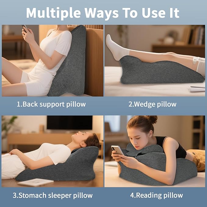 Ergonomic Wedge Prone Pillow,Multi-Functional Bed Pillow,Reading Pillow,Ideal for Bed Breaks,Massage,Reading,Back Support,Sleeping,Anti Snoring, and Leg Pain Relief