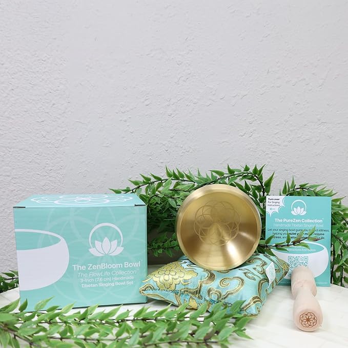 Tibetan Singing Bowl Set – Portable Handcrafted Sound Bowl for Meditation, Chakra Healing, Yoga, Stress Relief -ZenBloom Bowl – Flower of Life Edition - by Circle Up (ZenBloom Flower Of Life)