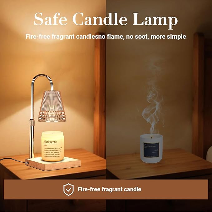 Candle Warmer Lamp Adjustable Height & Dimmable, Electric Candle Warmers for Jar Candles, Home Decor Lamp with Timer, Perfect Gifts for Women Men, Safe Night Light for Bedroom Office (Amber-wood B)