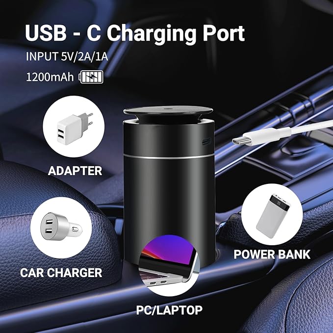 Waterless Car Diffuser for Essential Oils. Battery Operated Air Freshener, USB-C Rechargeable, Quiet, Leak-Proof, Countdown Timer, Auto-Off, Perfect for Car Home Office(Black)