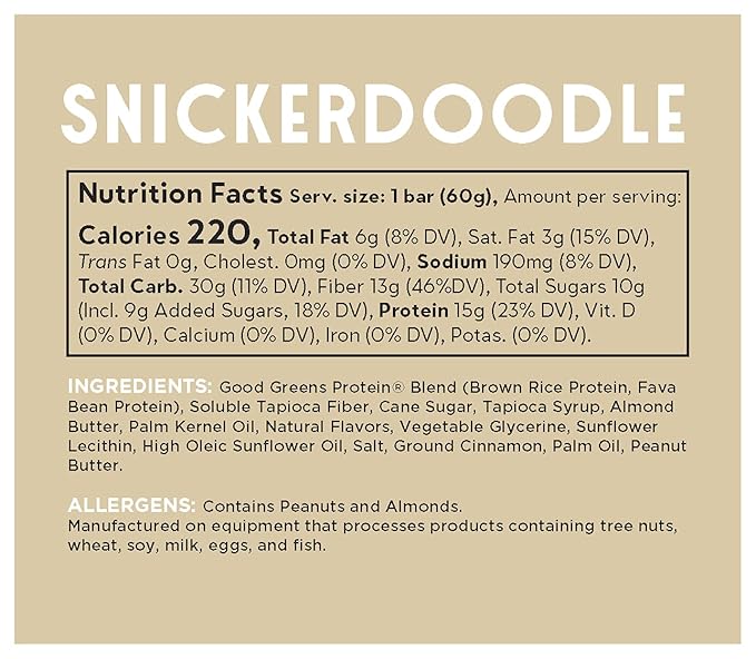good! Snacks Snickerdoodle Vegan Protein Bar, Soy & Gluten Free, Plant Based, Low Sugar, 15g Clean Protein, Natural Healthy Superfood Snack, Kosher Friendly, For Athletes & Active Lifestyles, 12 Bars