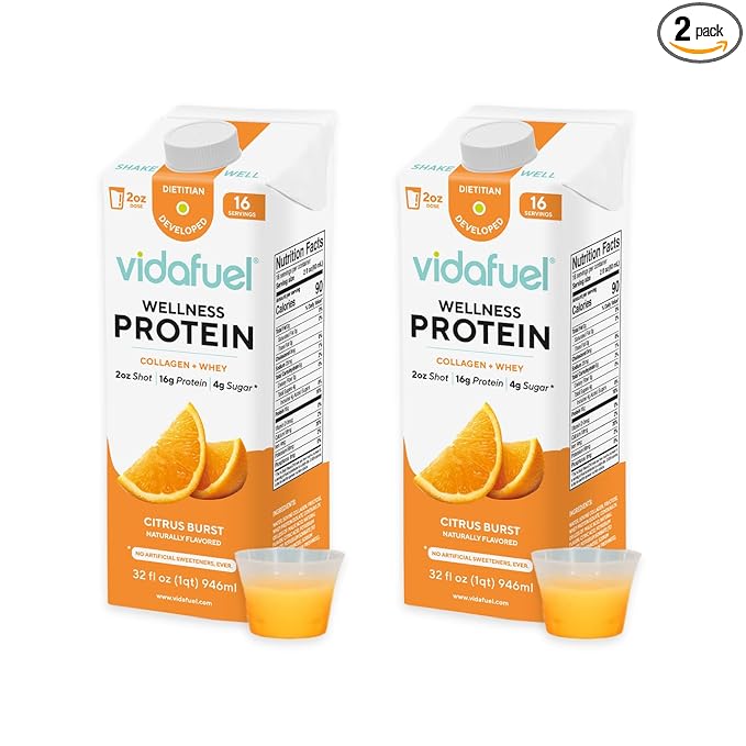 Vidafuel Protein Drink, 16g Protein per 2oz Shot, 32 fl oz Carton, 2 Pack, Citrus, Collagen and Whey Drink, No Artificial Sweeteners