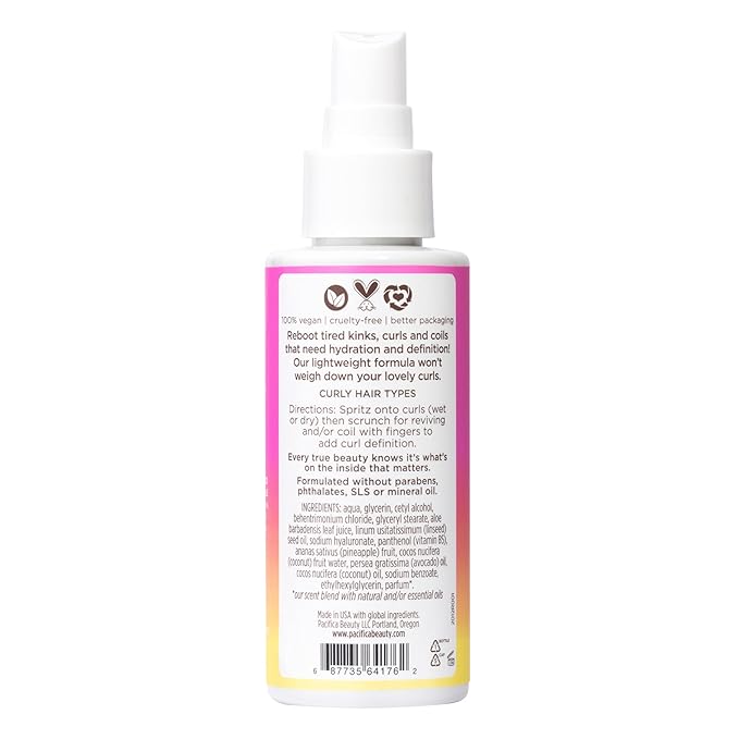 Pacifica Pineapple Curls Refresher Mist - Curl Refresher Spray, with Hyaluronic Acid, Vitamin B5 and Plant Oils, Vegan and Dermatologist Tested Curly Hair Products and Wavy Hair Products - 4 Fl Oz