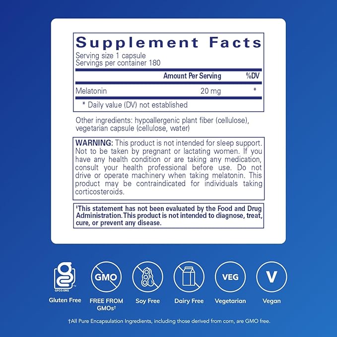 Pure Encapsulations Melatonin 20 mg - Not Intended for Sleep Support - for Immune System & Healthy Cells - 99.5% Purity Melatonin - Gluten Free & Non-GMO - 180 Capsules