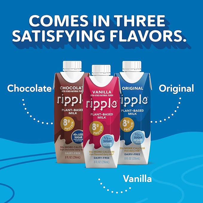 Ripple Non-Dairy Milk, Vanilla | Vegan Milk With 8g Pea Protein | Shelf Stable Single Serve Cartons | On-The-Go | Non-GMO, Plant Based, Gluten Free | 8 oz (Pack of 12)