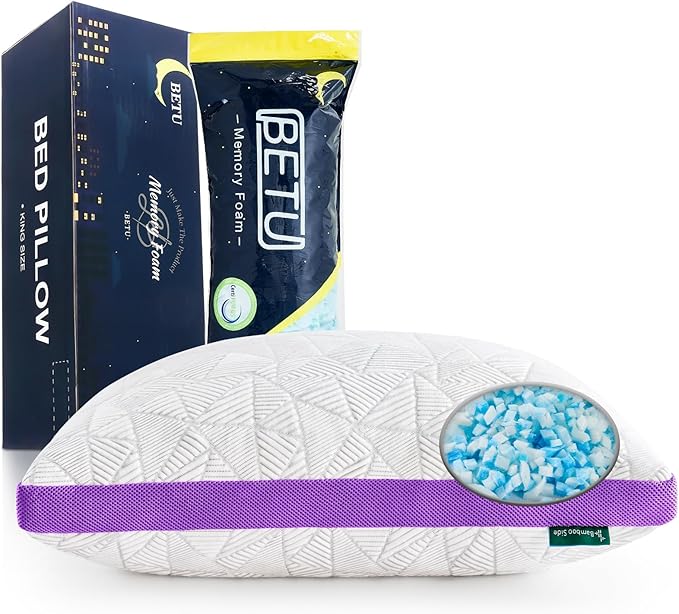 BETU Cooling Pillows Standard Size Set of 2, Shredded Memory Foam Cool Pillows for Hot Sleepers, Adjustable Firm Soft Support Bed Pillow Perfect for Back Neck Pain and Side Sleeping, Purple