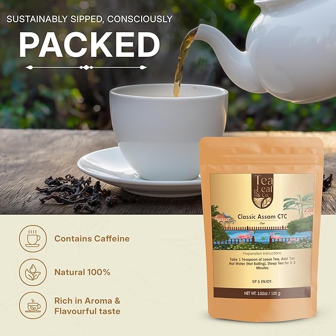 Tealeaf & Co. Classic Assam CTC Chai - 100% Pure Loose Leaf Black Tea - Low Caffeine Premium Tea - Upto 50 Servings (3.52oz/100gm)