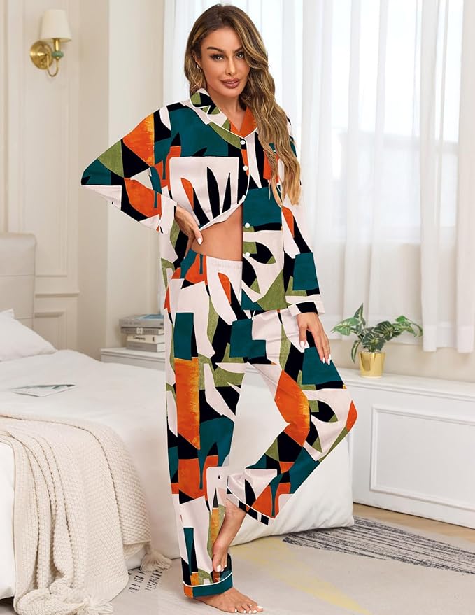 Veseacky Womens Satin Pajama Set Silk Pjs Button Down Long Sleeve Sleepwear Loungewear Sleepwear 2 Piece Pjs Set S-XXL