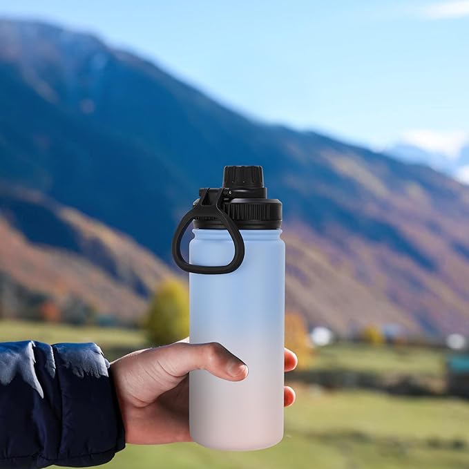 DOMICARE 16 oz Water Bottle for School Stainless Steel Double Wall Vacuum Insulated Water Bottle with Straw lids & Spout Lid, Leakproof BPA Free (Blue/Pink,4)