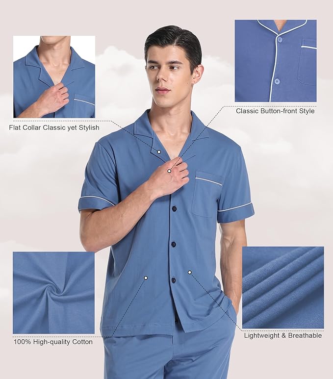 COLORFULLEAF Men's 100% Cotton Pajamas Set Button Down Sleepwear Short Sleeve and Long Pants Pjs