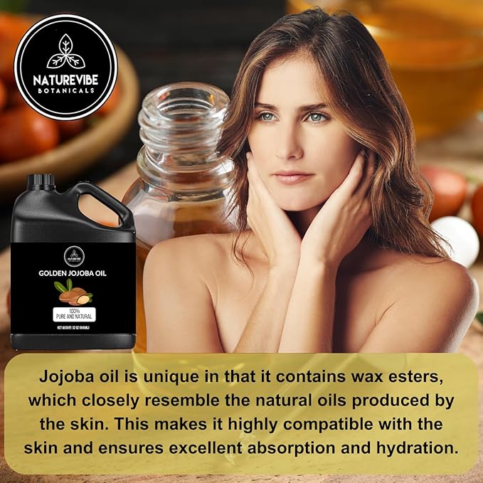 Naturevibe Botanicals Golden Jojoba Oil 32 oz โ 100% Pure, Cold-Pressed Moisturizer for Skin & Hair | Antioxidant-Rich, Non-Greasy, Carrier Oil & Daily Hydration