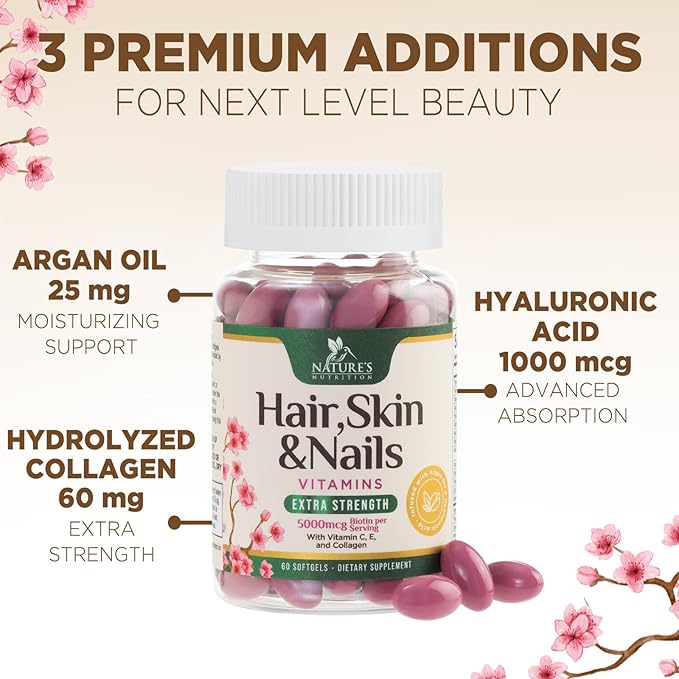 Hair, Skin & Nails Vitamins for Women - Biotin 5000mcg to Support Hair Growth with Argan Oil, Collagen & Hyaluronic Acid, Beautiful, Stronger Skin, Hair & Nails Vitamin Supplement - 60 Softgels