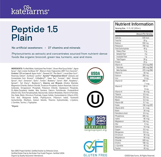 KATE FARMS Organic Adult Peptide 1.5 Formula, Plain, Sole-Source, Hydrolyzed Plant-Based Nutrition for Oral or Tube Feeding, 11 Fl oz (12 Pack)