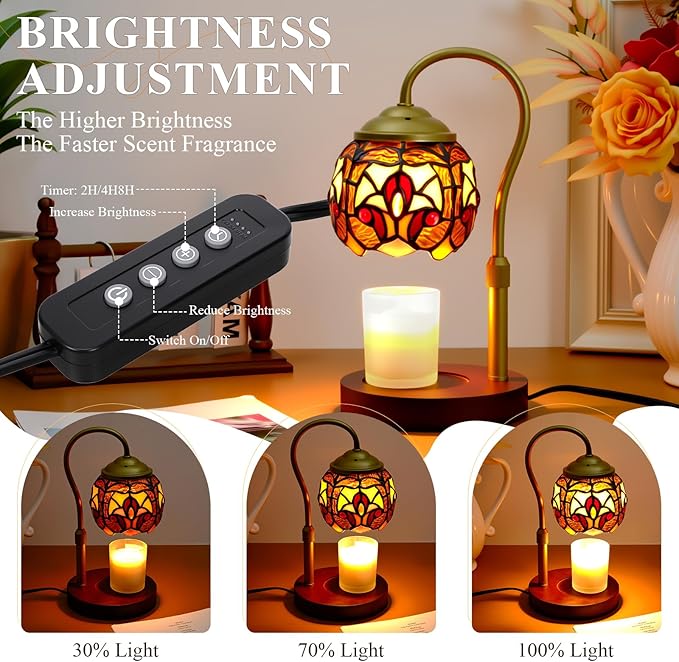 Tiffany Style Candle Warmer Lamp with Timer, Dimmable Stained Glass Candle Lamp Warmer, Birthday Gifts for Mom Women Friend Sister Baroque Wax Melt Warmer with 2 Bulbs for Home Deco