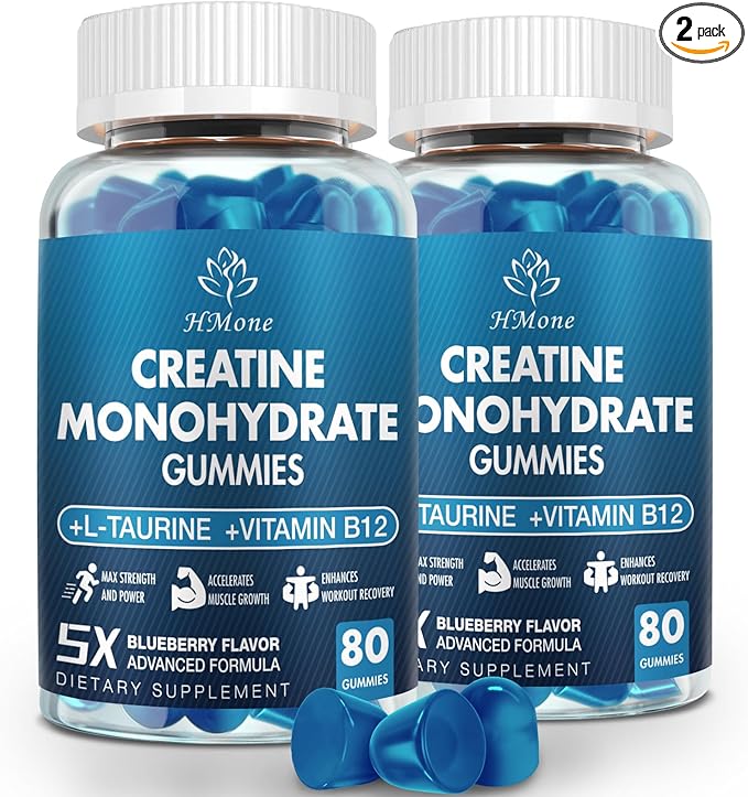 Creatine Monohydrate Gummies - 5g for Men & Women, 160 Count and Creatine Chewable Supplements for Muscle Gain, Muscle Strength, Energy Boost, and Muscle Builder, Sugar Free, Vegan (Blueberry)