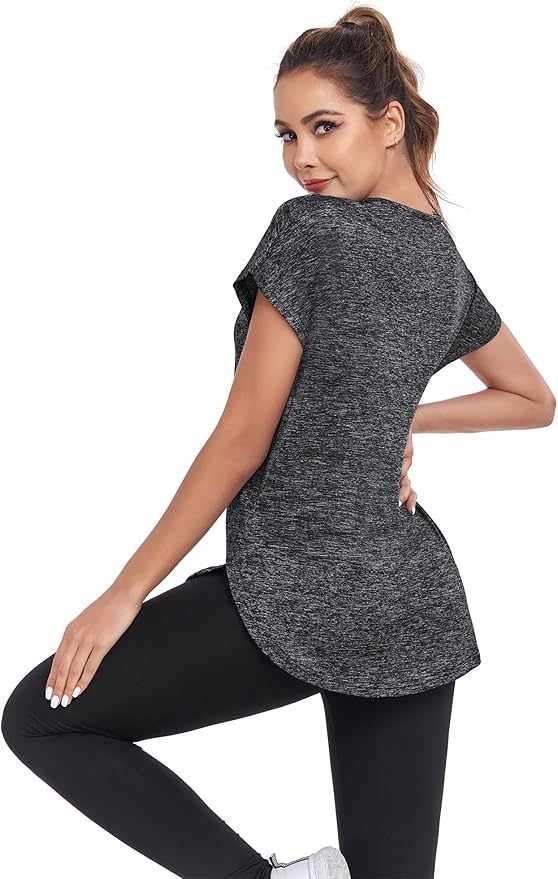 Women's Short Sleeve Workout Shirts V Neck Exercise Yoga Basic Top Quick Dry Side Split