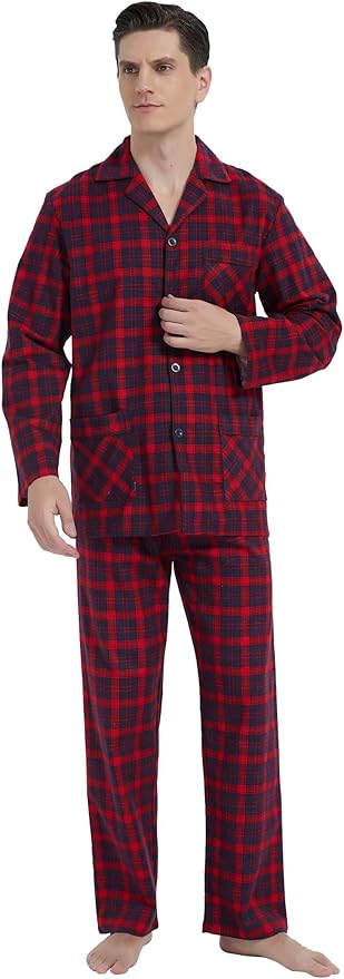 GLOBAL Men's Pajamas Sets 100% Cotton Flannel Sleepwear Long-Sleeve top & Bottom