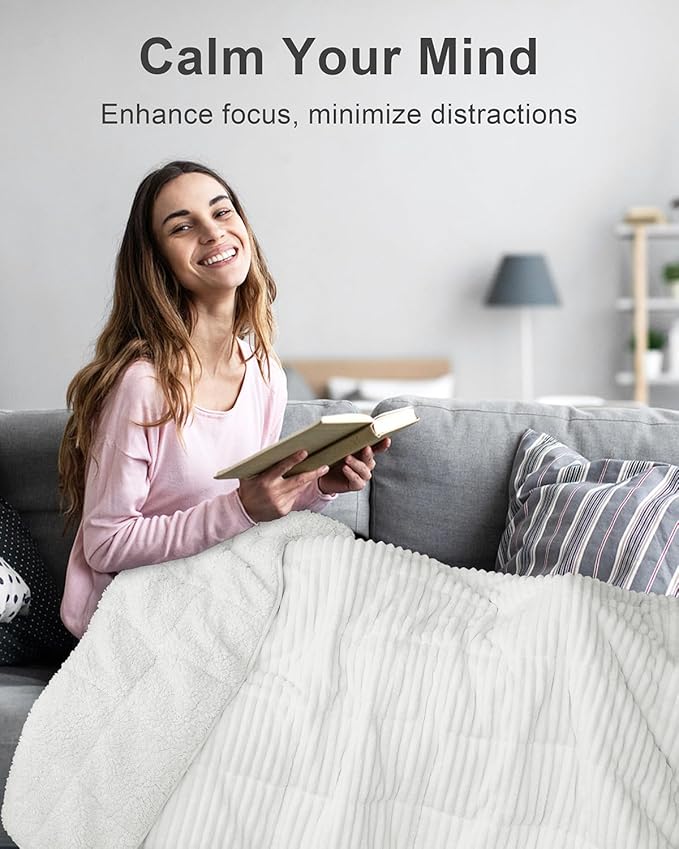 Sherpa Fleece Adult Weighted Blankets 20lbs with Ribbed Stripes, Dual Sided Fuzzy Warm Blanket for Couch Bed Sofa, Heavy Thick Blankets with Ceramic Beads Great for Sleep, White, 60" x 80"