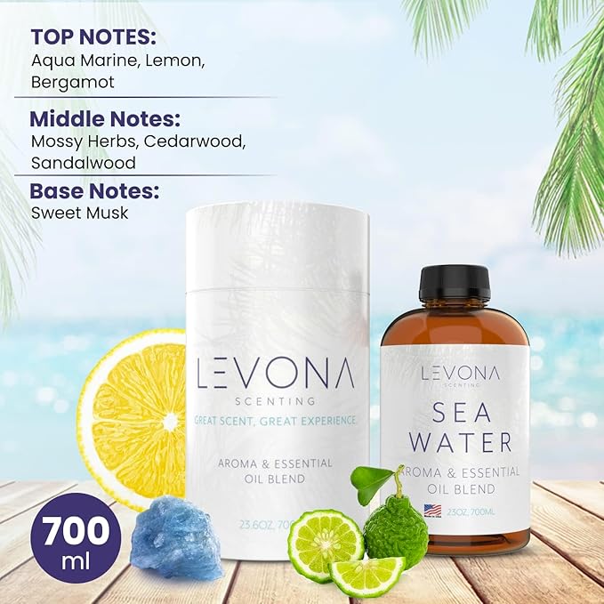 Levona Scent Essential Oil - Fresh Aroma for Home, Office, Hotel & Spa, Perfect in Humidifiers and Diffusers, Luxury Fragrance, with Aqua Marine, Lemon, & Bergamot Notes - 700ml/ 23 fl oz, Sea Water