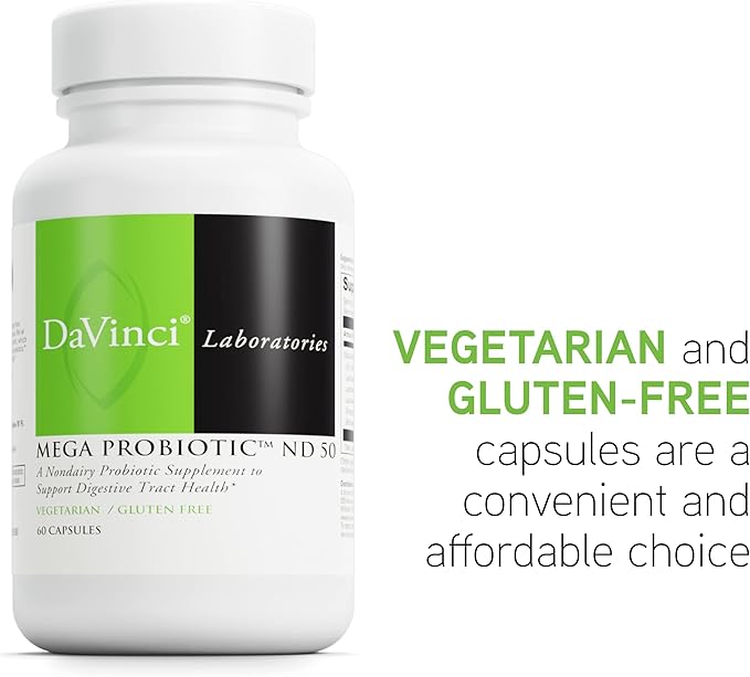 DAVINCI Labs Mega Probiotic ND 50 - Non-Dairy Probiotic Supplement with Prebiotic Fiber - Digestive & Immune Health Support* - Gut Support with Beneficial Bacteria* - 60 Vegetarian Capsules