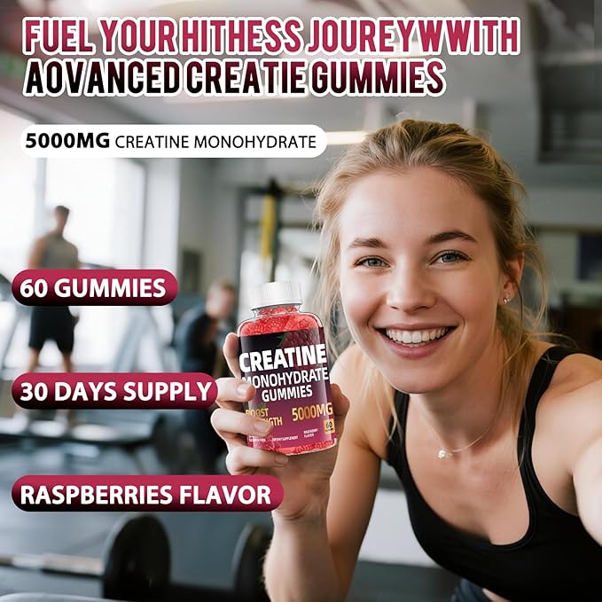 Creatine Monohydrate Gummies, Sugar Free & Gelatin Free, Raspberry Flavor, 60 Count Creatine Monohydrate Gummies for Men & Women, Muscle Growth, Strength & Energy Support