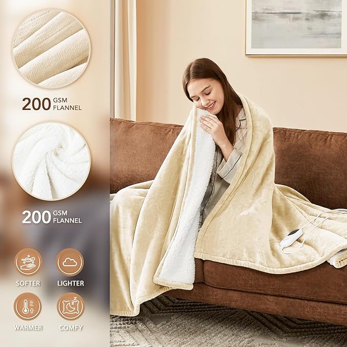 Homemate Electric Heated Blanket Full Size - 72"x84" Heating Blanket Full Size 1/2/4/6/8 Hours Auto-Off 10 Heat Level Over-Heat Protection Flannel Sherpa ETL Certification