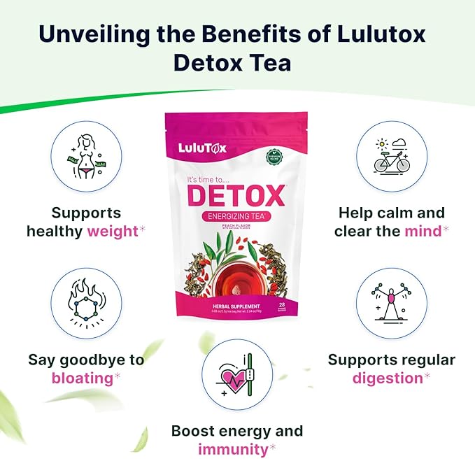 LULUTOX Detox Tea - Slimming Tea with Dandelion and Ginseng to Support Goals for Detox Cleanse, Flat Belly, Bloating, Healthy Weight and Digestive Health - Women & Men - Peach Flavor (28 Servings)