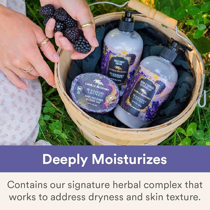 Camille Beckman Blackbery Lavender Scented Silky Body Cream, Daily Moisturizer for All Skin Types, Non-Greasy Vegan Formula to Nourish and Soften Hands and Body, 13 Ounce