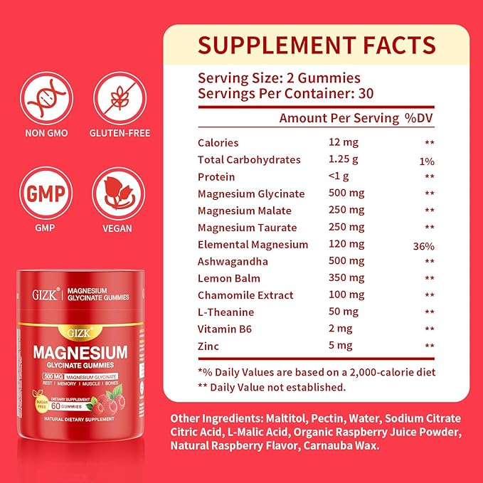 Magnesium Glycinate Gummies 500mg – Sugar Free Raspberry Flavor Magnesium Gummies for Sleep, Stress, Muscle & Nerve Support – Vegan, No Melatonin – 60 Count for Adults & Kids