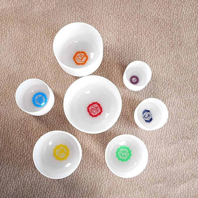 6-12inch Chakra Symbol Design 432hz Quartz Crystal Singing Bowls Set of 7, for Healing Mindfulness Meditation Yoga Sound Baths with Case Mallet Suede Striker