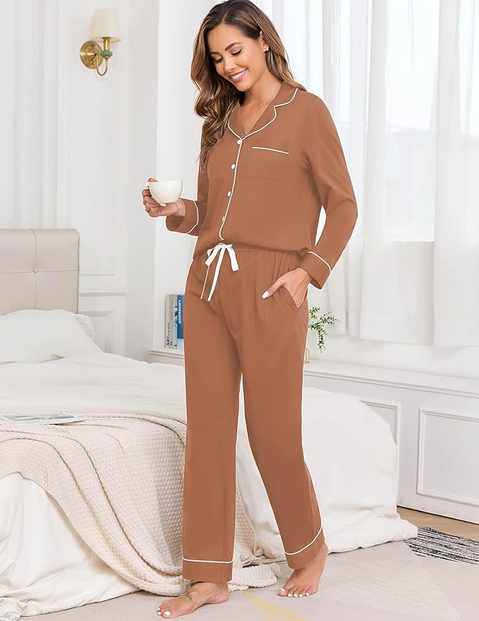 Veseacky 100% Cotton Pajamas for Women Set Long Sleeve Button Down Sleepwear Soft Pjs Lounge Sets with Pockets S-XXL